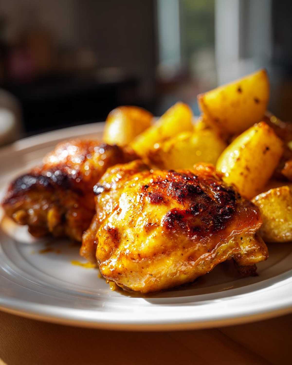 Close-up of glazed chicken thighs and roasted potatoes from the Honey Mustard Chicken Bake served on a white plate.