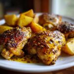 Close-up of juicy Honey Mustard Chicken Bake with Potatoes, featuring caramelized, glazed chicken thighs.