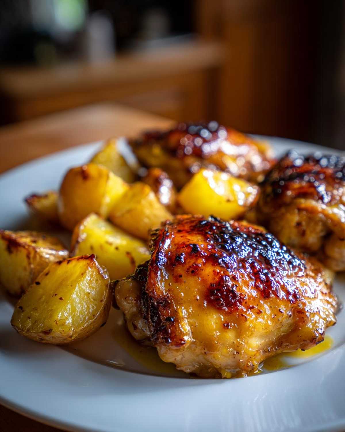 Close-up of glazed, caramelized Honey Mustard Chicken Bake with Potatoes served on a white plate.