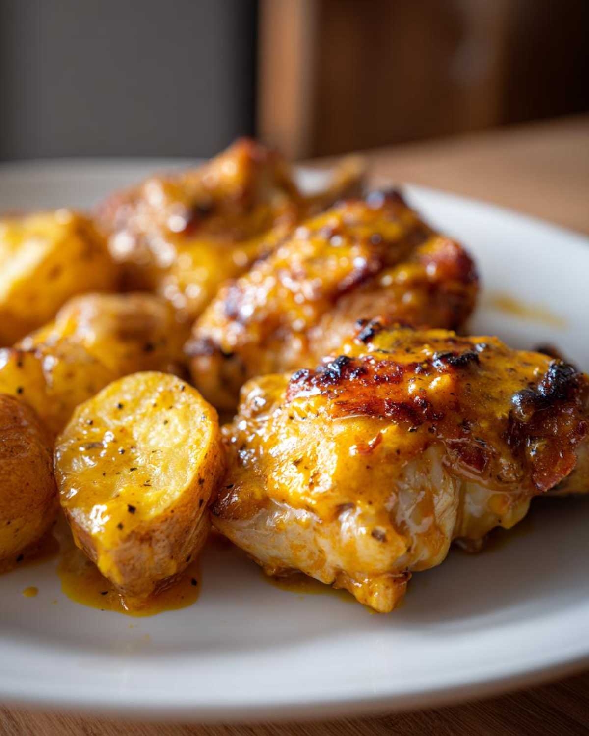 Close-up of baked chicken pieces covered in glossy honey mustard sauce next to roasted potatoes.
