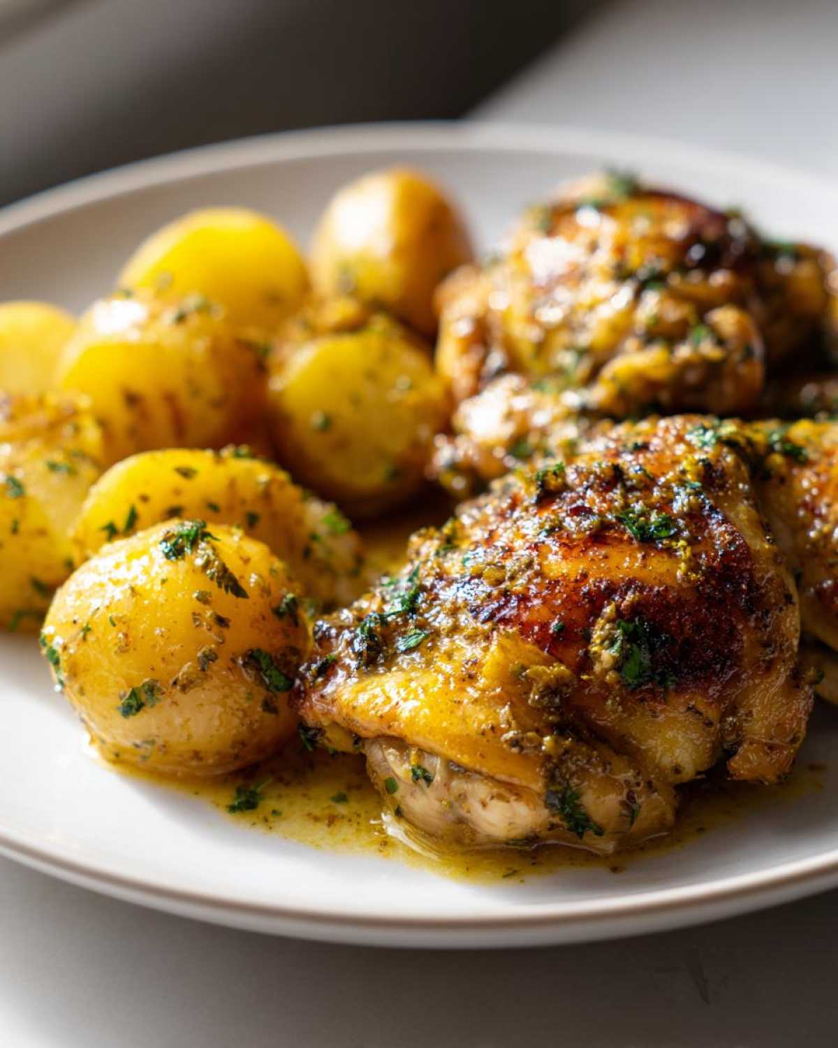 Close-up of golden-brown Honey Mustard Chicken Bake with Potatoes, glazed with sauce and herbs.