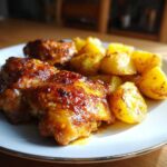 Close-up of glazed Honey Mustard Chicken Bake with roasted potatoes served on a white plate.