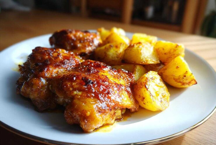 Close-up of glazed Honey Mustard Chicken Bake with roasted potatoes served on a white plate.