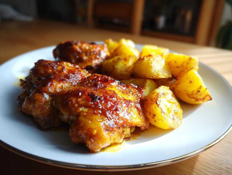 Close-up of glazed Honey Mustard Chicken Bake with roasted potatoes served on a white plate.