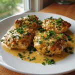 Four golden-brown chicken pieces smothered in a rich, creamy Honey Mustard Chicken Skillet with Cream Sauce and topped with fresh parsley.