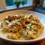 Close-up of seared chicken pieces smothered in a rich cream sauce, garnished with parsley, from the Honey Mustard Chicken Skillet.