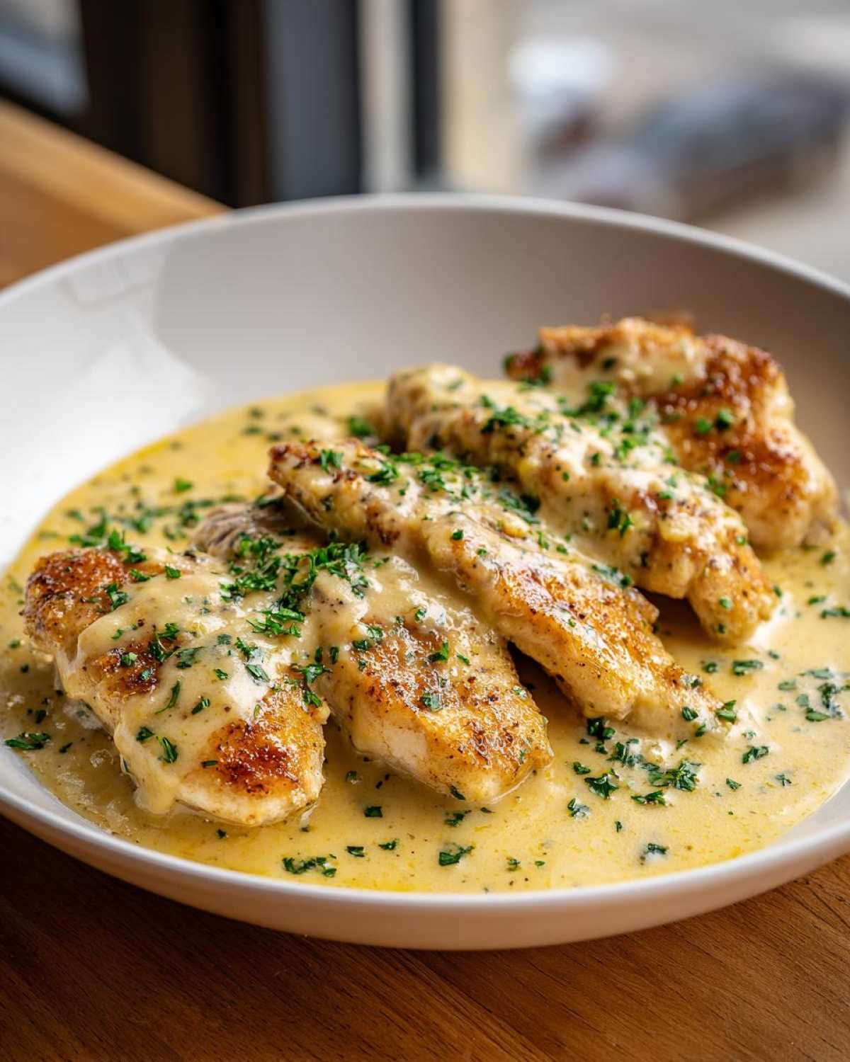 Four golden-brown chicken tenders smothered in a rich cream sauce, garnished with parsley, part of the Honey Mustard Chicken Skillet.