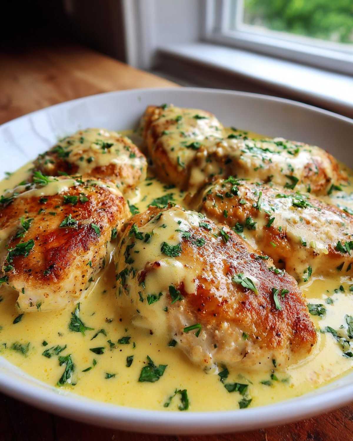 Four golden-brown chicken breasts swimming in a rich, creamy honey mustard chicken skillet sauce, garnished with fresh parsley.