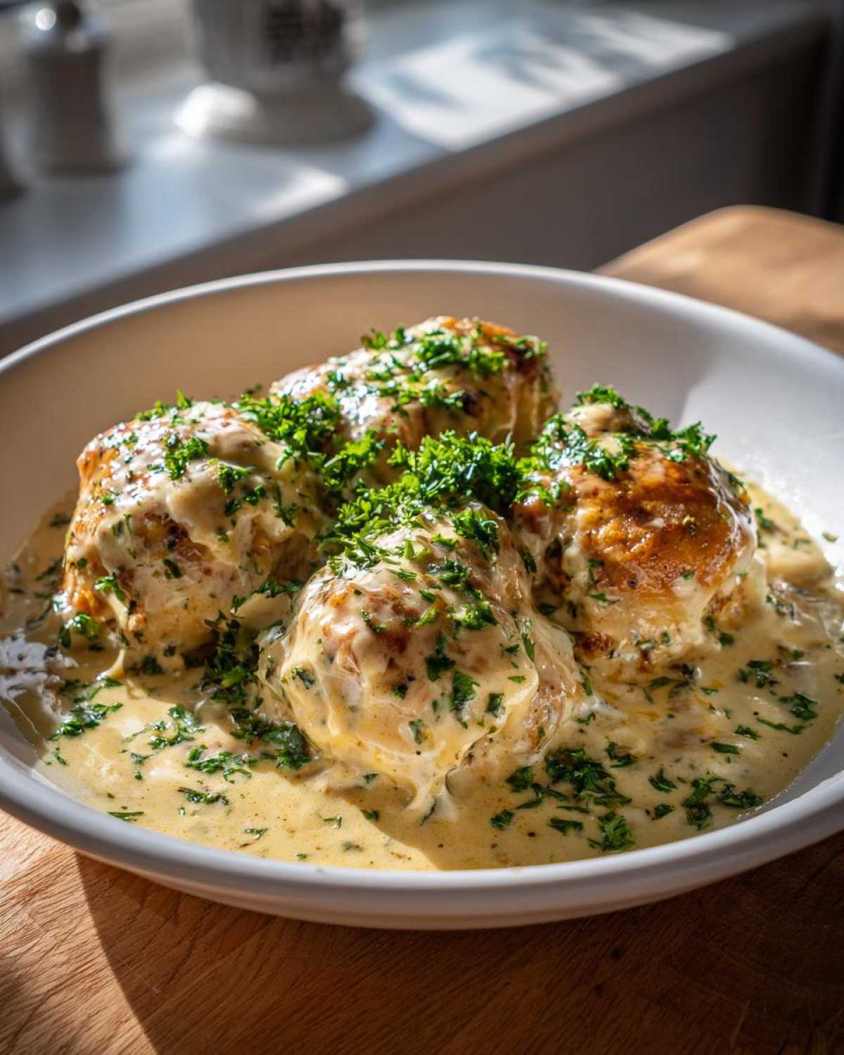 Four pieces of seared chicken smothered in a creamy sauce and topped with fresh parsley, representing Honey Mustard Chicken Skillet.