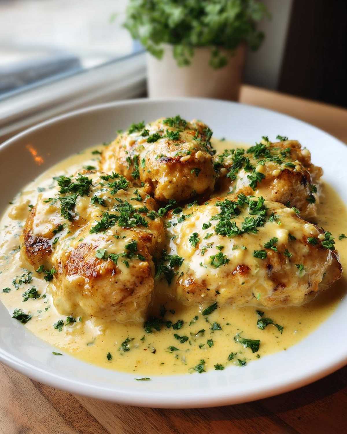 Four pieces of seared chicken smothered in a creamy yellow Honey Mustard Chicken Skillet with Cream Sauce and topped with fresh parsley.