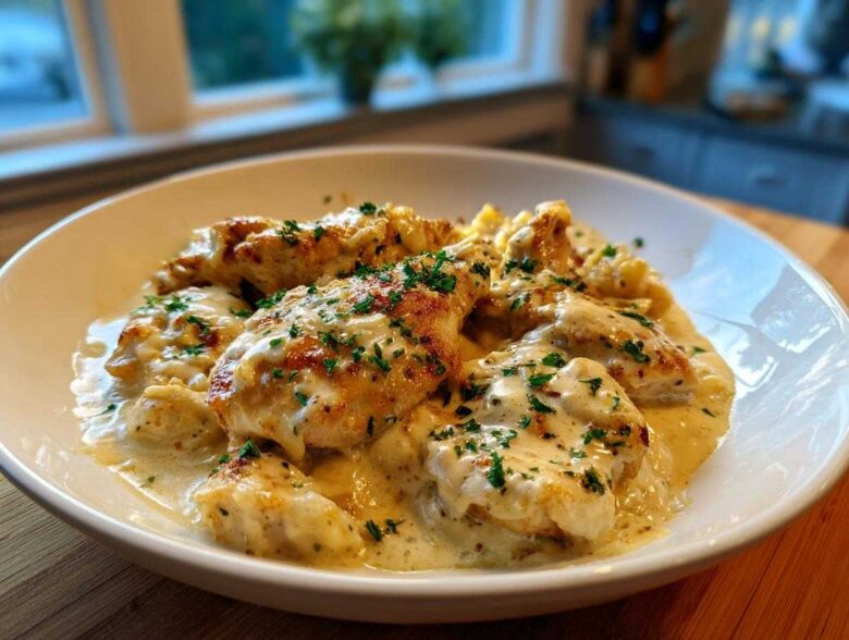 Close-up of seared chicken pieces smothered in a rich cream sauce, garnished with parsley, from the Honey Mustard Chicken Skillet.
