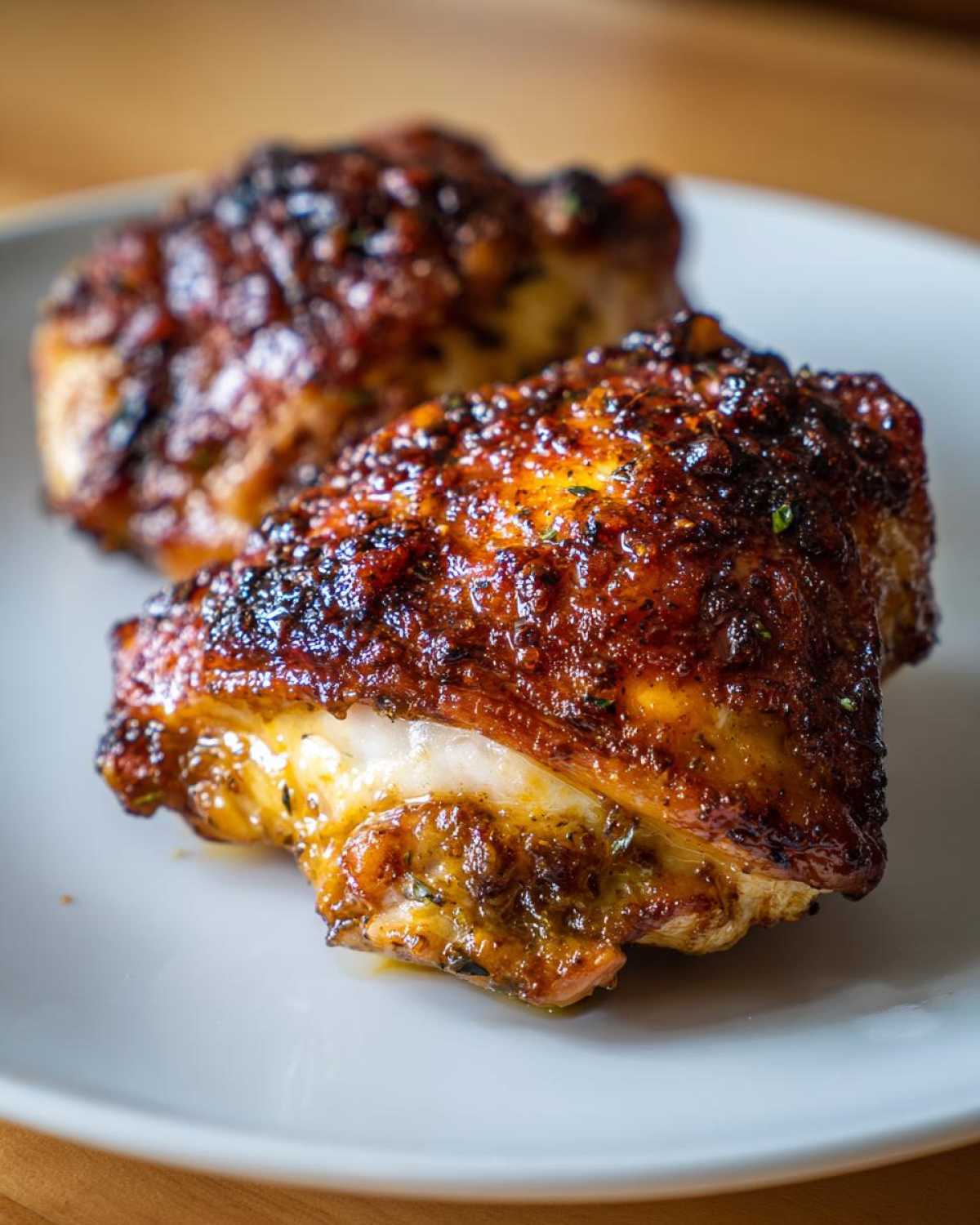 Close-up of two perfectly cooked Honey Mustard Chicken Thighs Oven Roasted with crispy, dark glaze on a white plate.