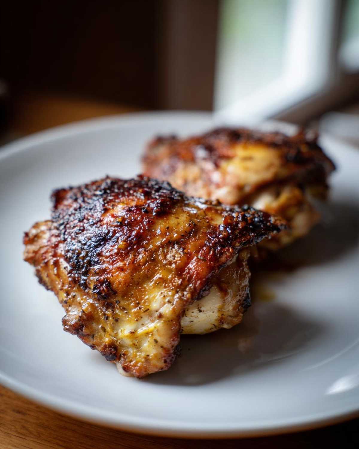 Close-up of two perfectly cooked Honey Mustard Chicken Thighs Oven Roasted with crispy, caramelized skin on a white plate.