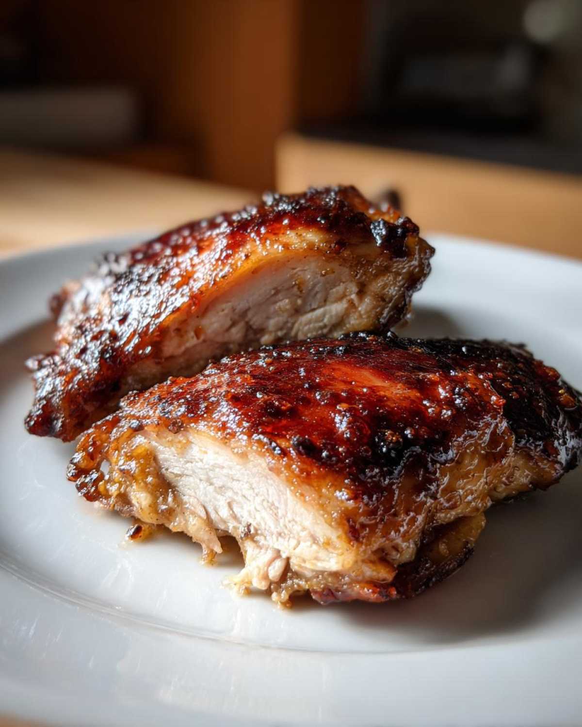 Two pieces of Honey Mustard Chicken Thighs Oven Roasted, cut to show the moist interior and caramelized glaze.