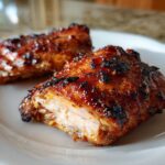 Two pieces of perfectly caramelized Honey Mustard Chicken Thighs Oven Roasted served on a white plate.