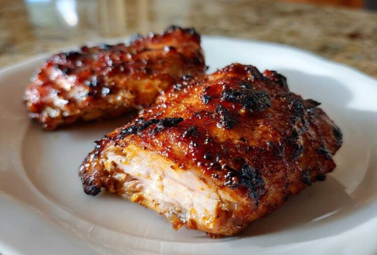 Two pieces of perfectly caramelized Honey Mustard Chicken Thighs Oven Roasted served on a white plate.