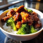 Close-up of a Honey Soy Chicken Bowl Quick Dinner Idea featuring glazed chicken pieces, bright green broccoli, and white rice in a white bowl.