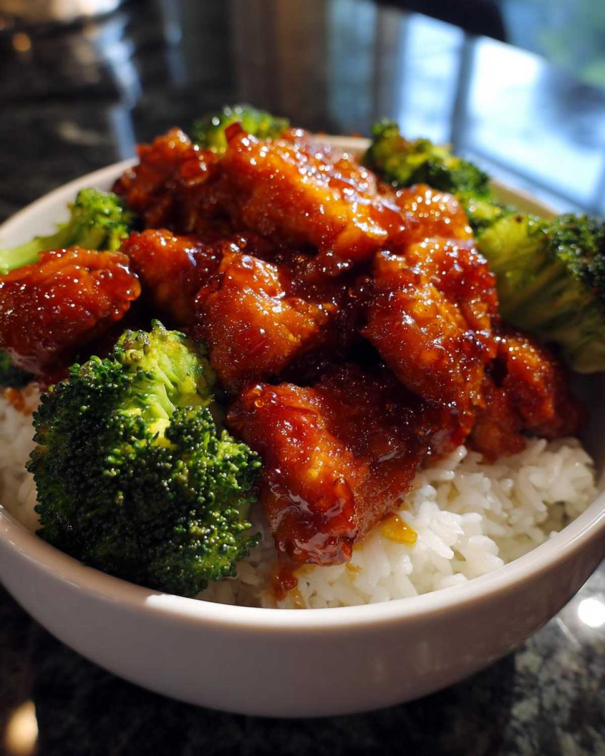 Close-up of a Honey Soy Chicken Bowl Quick Dinner Idea featuring glazed chicken pieces over white rice with bright green steamed broccoli florets.