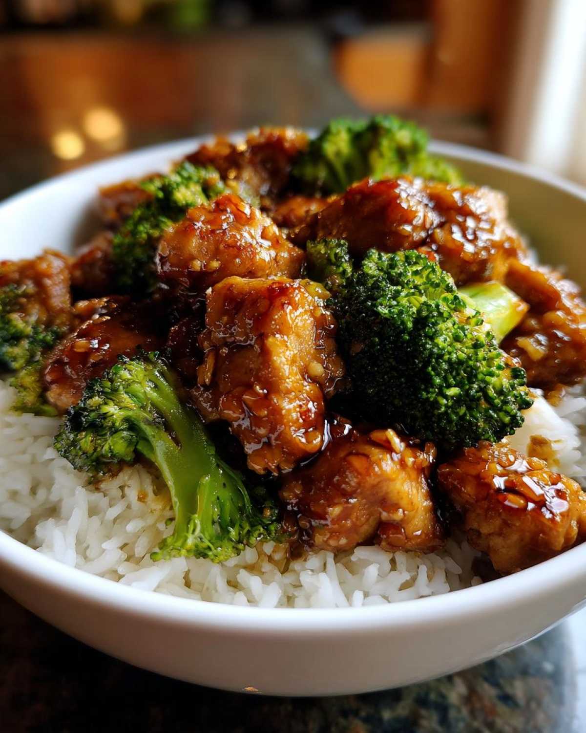 Close-up of a Honey Soy Chicken Bowl Quick Dinner Idea featuring glazed chicken pieces and bright green broccoli over white rice.