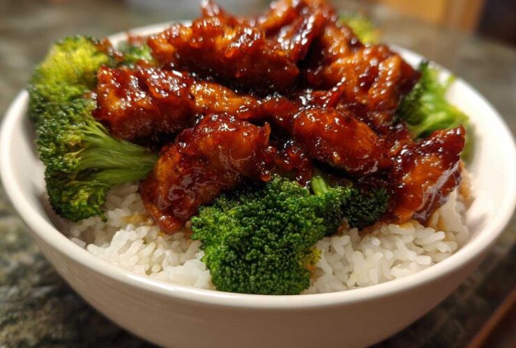 Close-up of a Honey Soy Chicken Bowl Quick Dinner Idea featuring glazed chicken pieces over white rice and bright green broccoli florets.