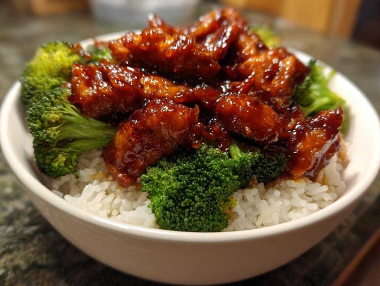 Close-up of a Honey Soy Chicken Bowl Quick Dinner Idea featuring glazed chicken pieces over white rice and bright green broccoli florets.