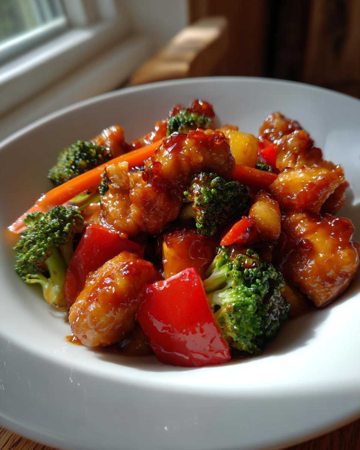 Close-up of Honey Soy Chicken Skillet with veggies including bright red peppers, broccoli, and carrots in a glossy sauce.