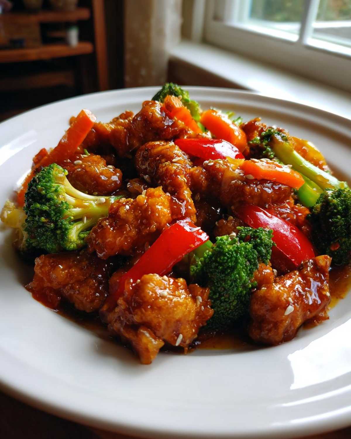 Close-up of Honey Soy Chicken Skillet with crispy chicken pieces, bright green broccoli, and red peppers coated in a glossy sauce.