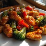 Close-up of glazed Honey Soy Chicken Skillet with bright green broccoli florets and red bell peppers on a white plate.