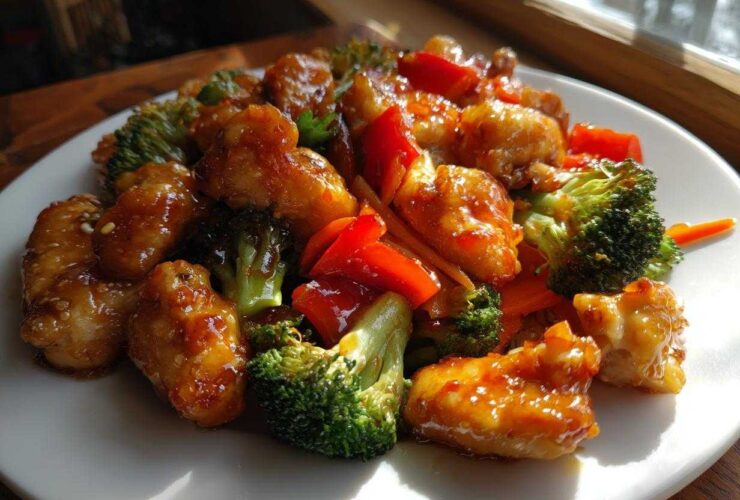 Close-up of glazed Honey Soy Chicken Skillet with bright green broccoli florets and red bell peppers on a white plate.