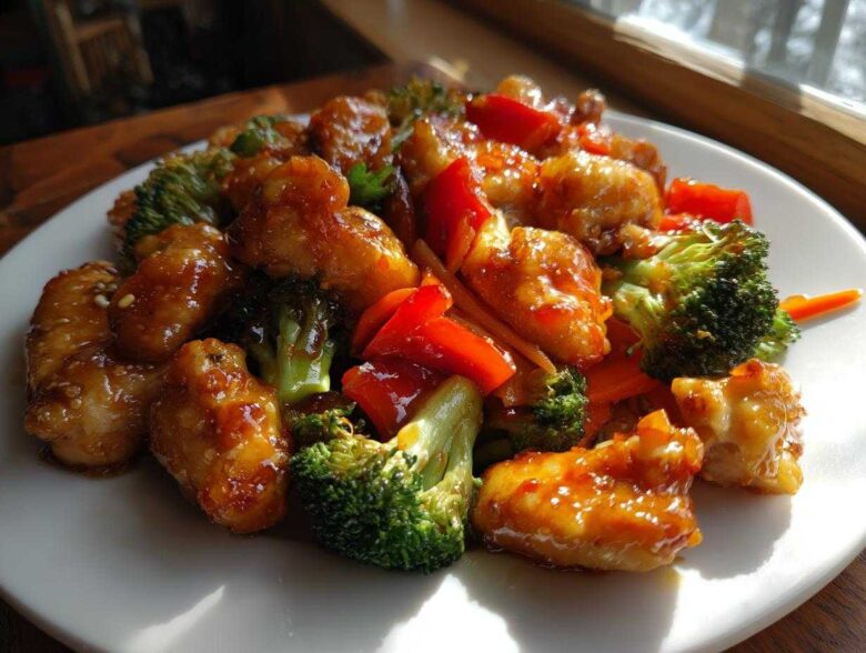 Close-up of glazed Honey Soy Chicken Skillet with bright green broccoli florets and red bell peppers on a white plate.