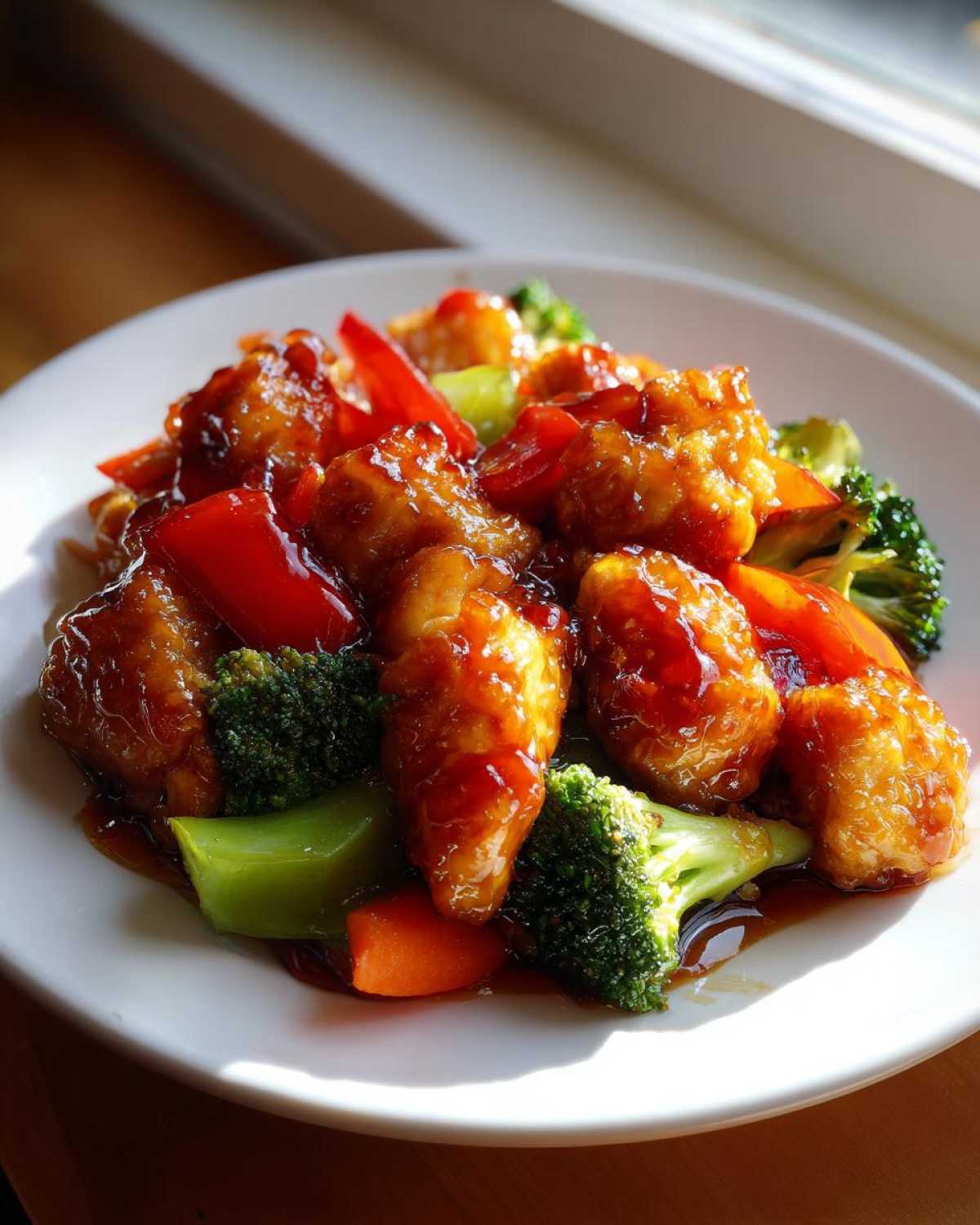 Close-up of Honey Soy Chicken Skillet with crispy chicken pieces, broccoli, carrots, and red peppers coated in a glossy sauce.