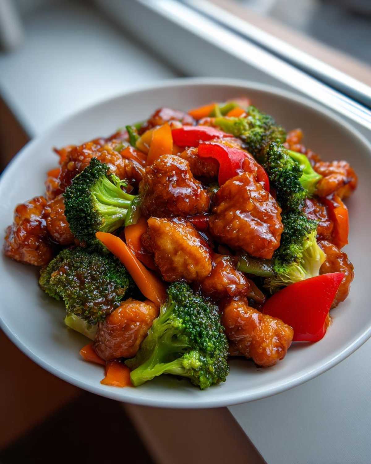 Close-up of glossy Honey Soy Chicken Skillet with bright green broccoli florets and red bell pepper slices.