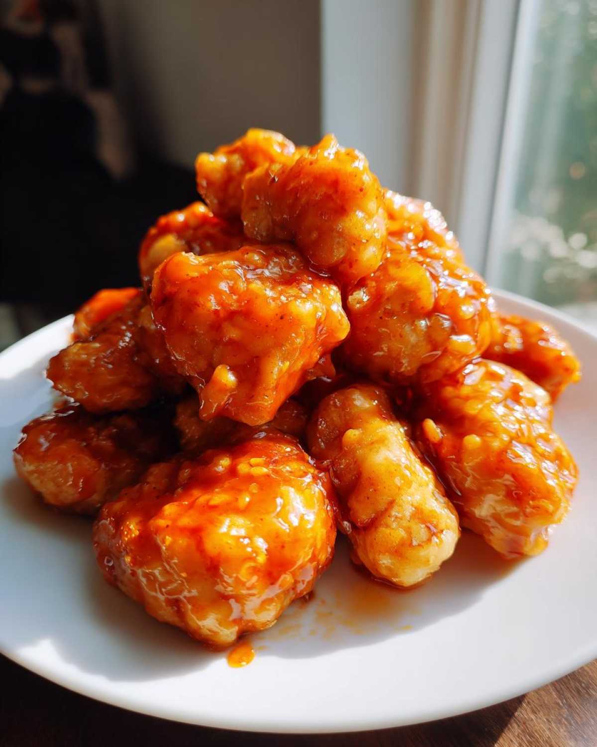 A pile of glistening Honey Sriracha Chicken Bites coated in a thick, sweet and spicy orange-red glaze on a white plate.