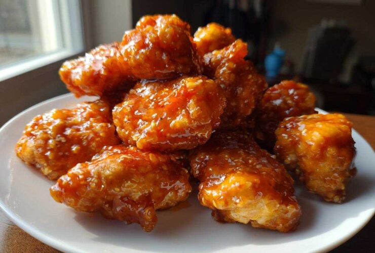 A pile of glistening Honey Sriracha Chicken Bites coated in a thick, sweet and spicy glaze, served on a white plate.