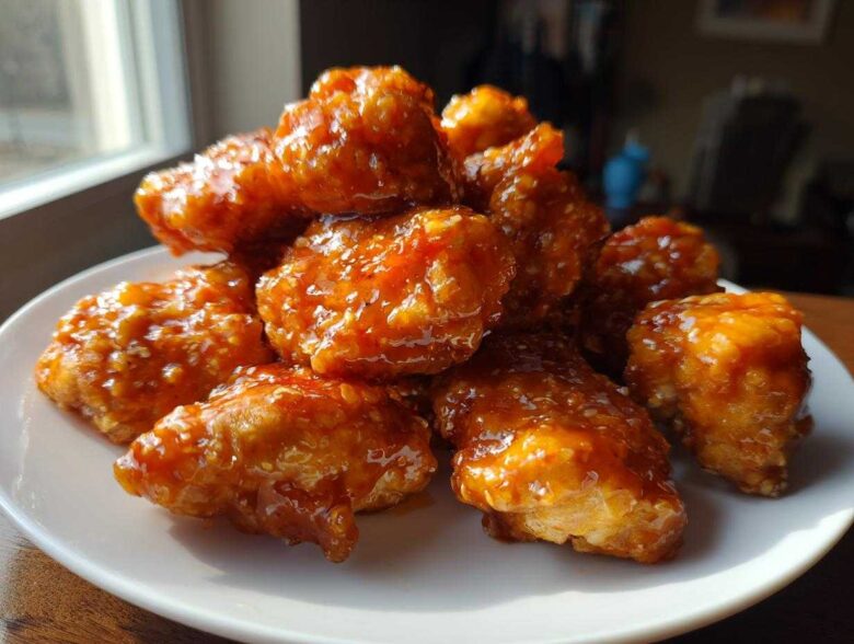 A pile of glistening Honey Sriracha Chicken Bites coated in a thick, sweet and spicy glaze, served on a white plate.