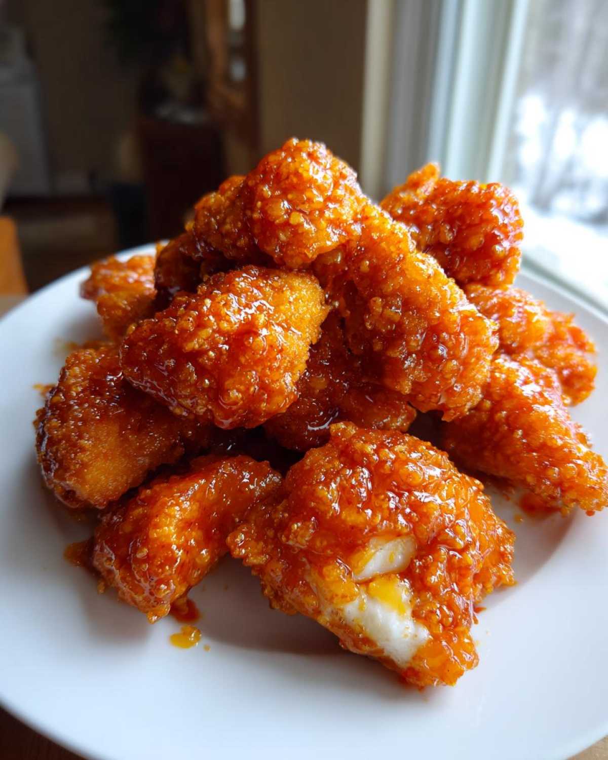 A pile of crispy Honey Sriracha Chicken Bites coated in a glistening, sweet and spicy sauce, served on a white plate.