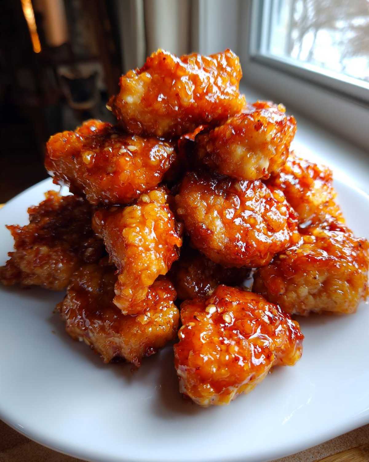 A pile of glistening Honey Sriracha Chicken Bites coated in a sticky, sweet and spicy glaze, served on a white plate.