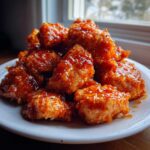 A close-up of crispy Honey Sriracha Chicken Bites piled high on a white plate, glistening with sweet and spicy sauce.
