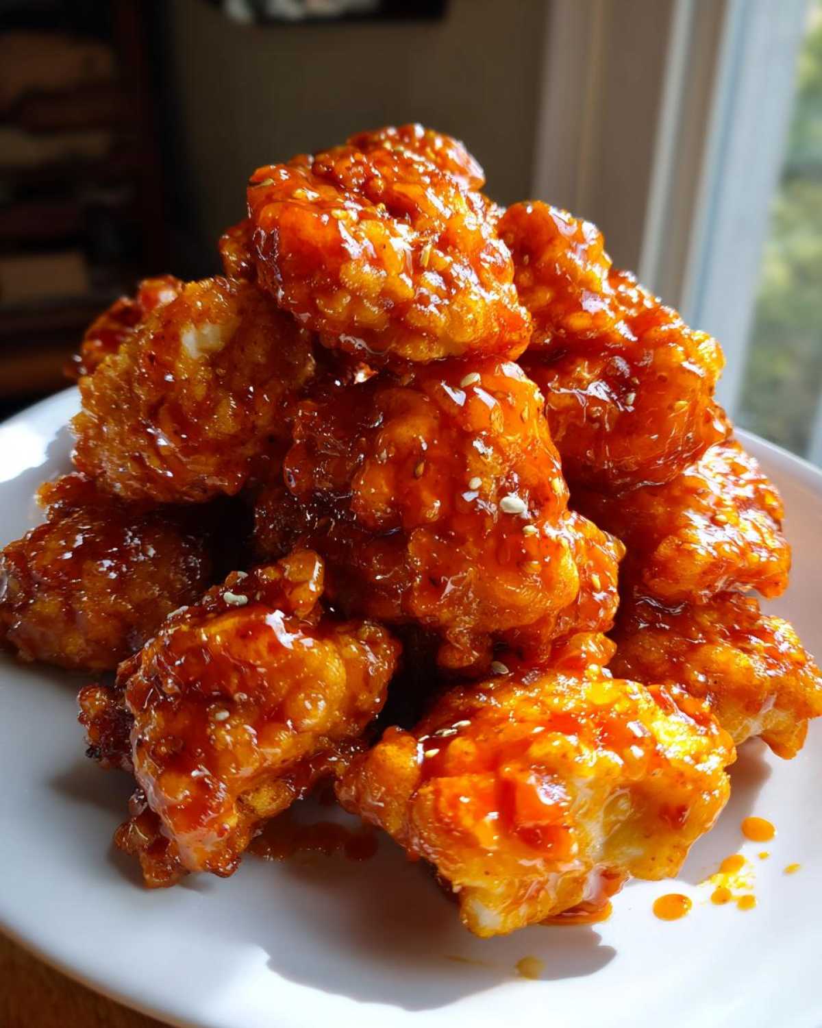 A close-up of crispy Honey Sriracha Chicken Bites piled high and glistening with sweet and spicy sauce.