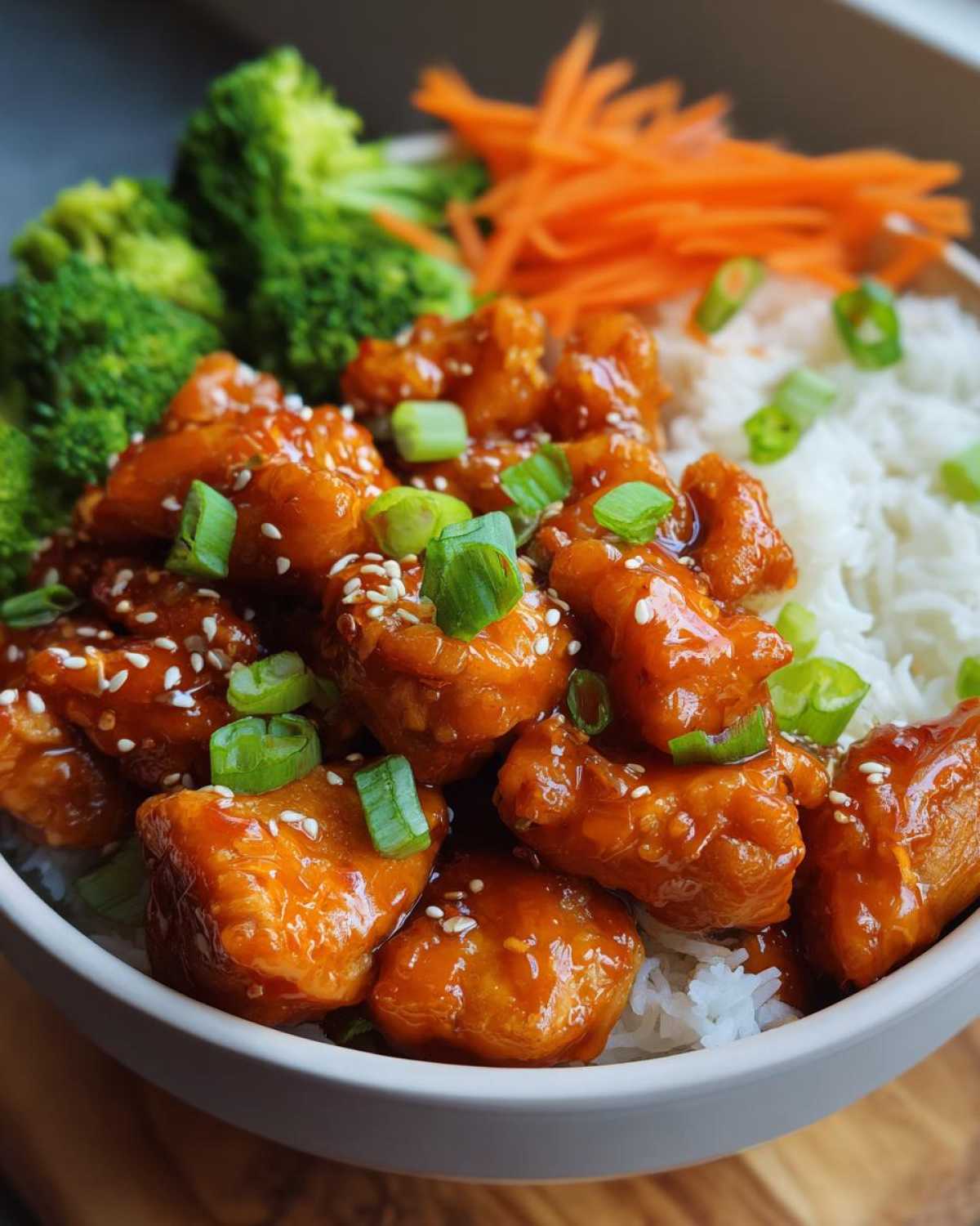 Close-up of glistening Honey Sriracha Chicken Bowl served over white rice with broccoli and carrots.