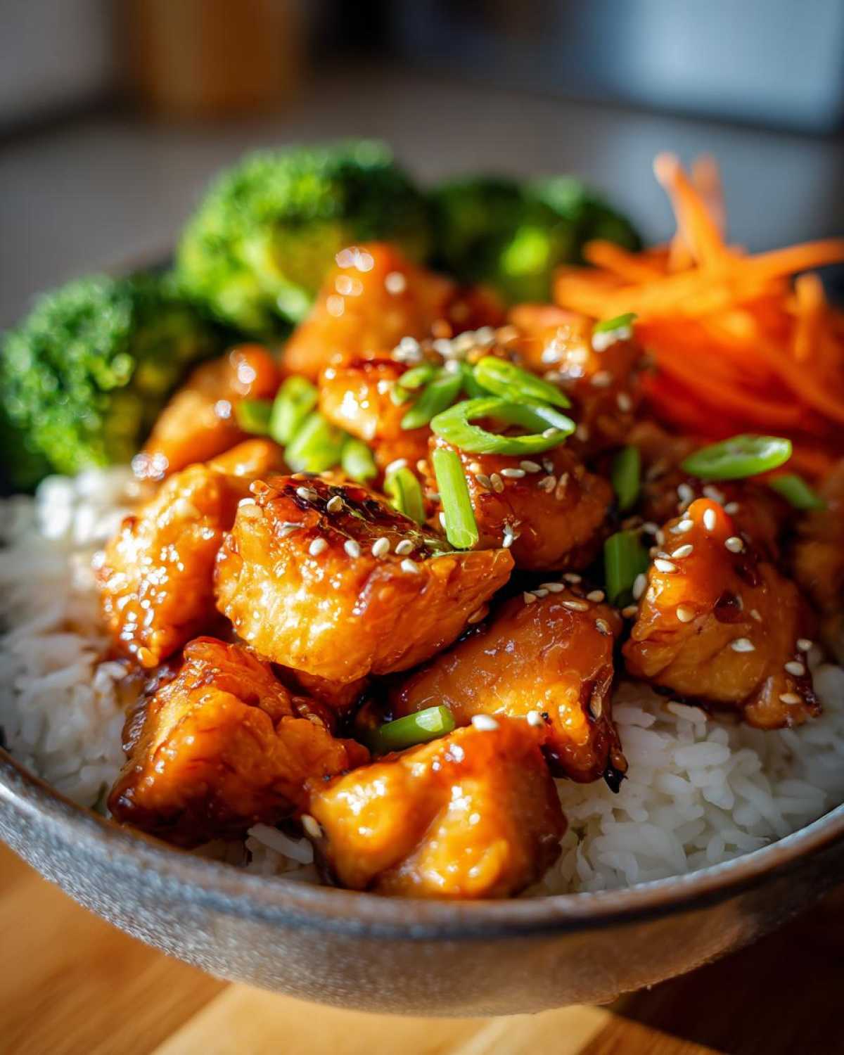 Close-up of a Honey Sriracha Chicken Bowl featuring glazed chicken pieces over white rice, garnished with sesame seeds and green onions.