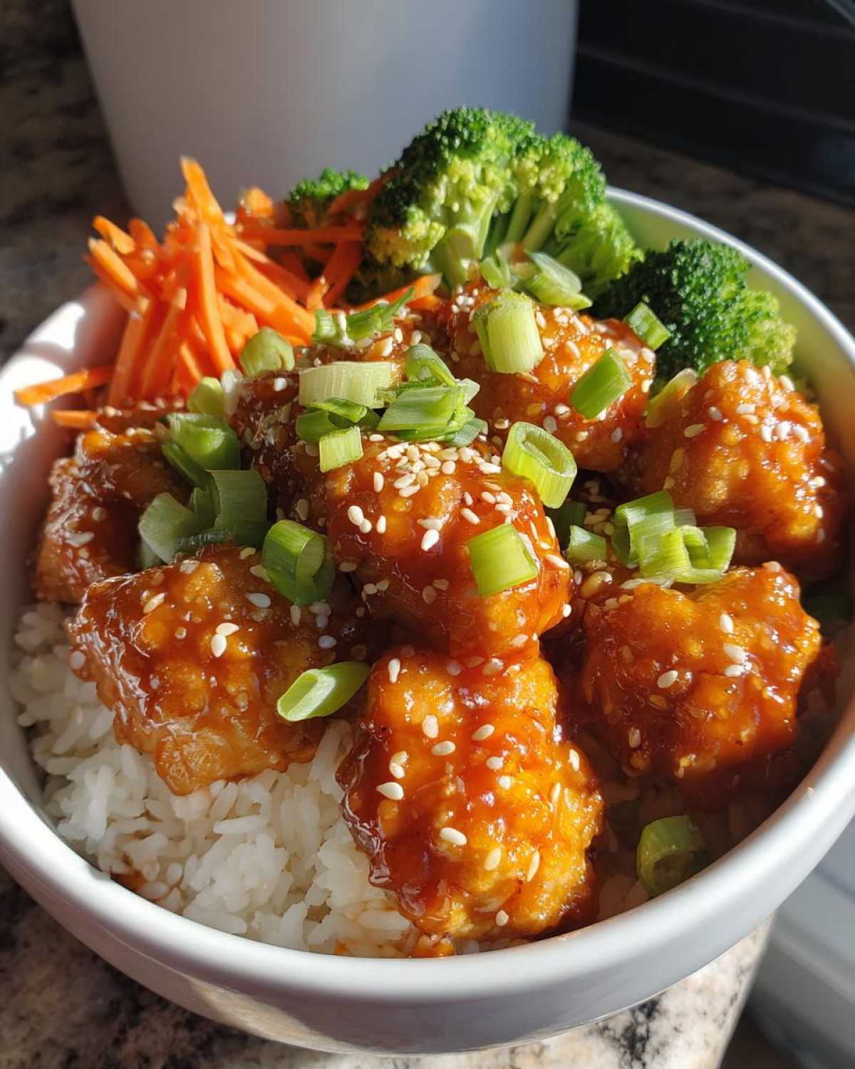 Close-up of a Honey Sriracha Chicken Bowl featuring glazed chicken pieces over white rice, topped with sesame seeds, green onions, broccoli, and shredded carrots.