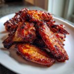A pile of sticky and crispy Honey Sriracha Chicken Wings glistening with sauce on a white plate.