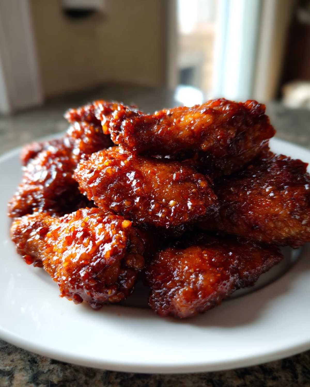 A close-up of a pile of sticky and crispy Honey Sriracha Chicken Wings coated in a reddish-brown glaze.