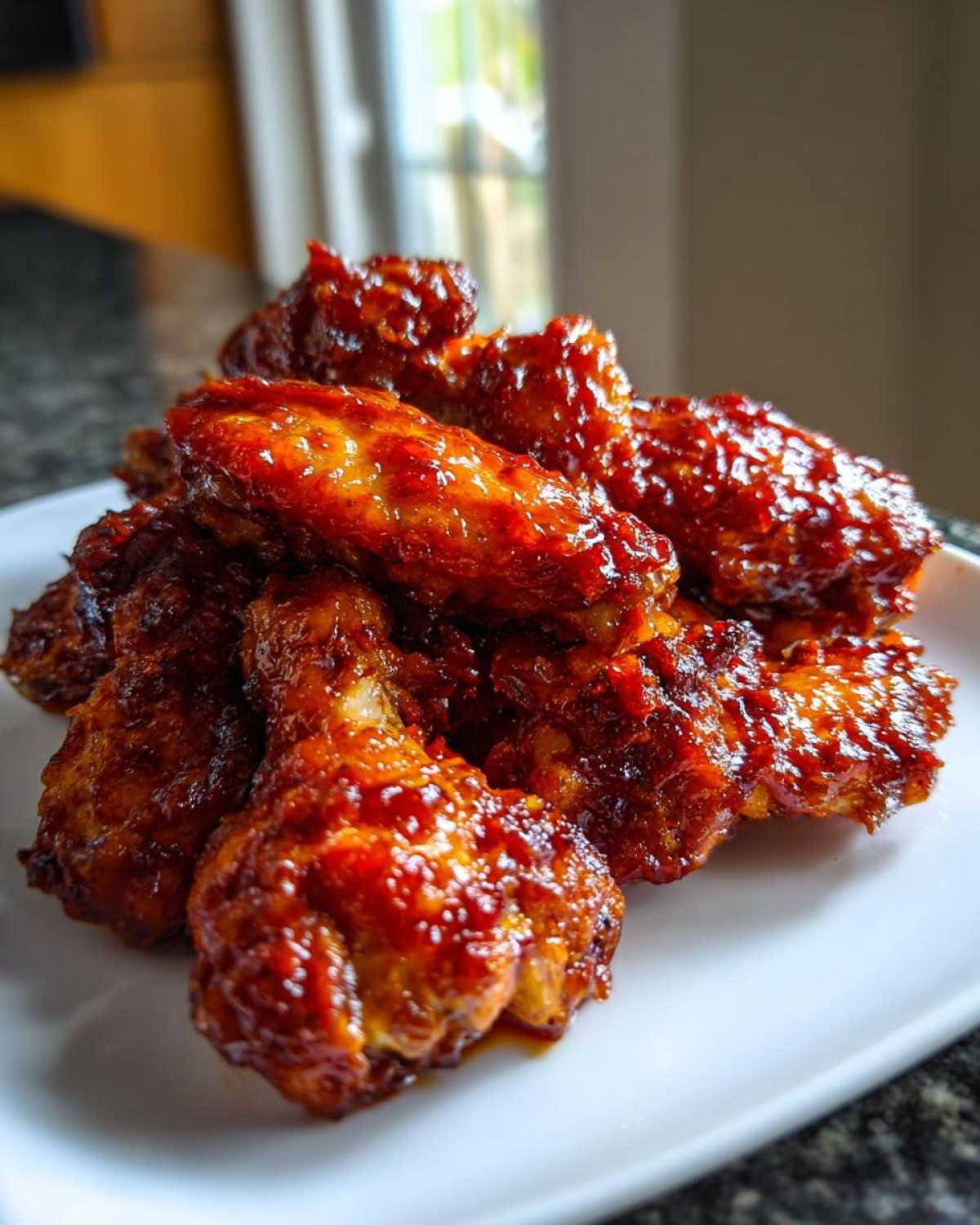 A close-up of a pile of sticky and crispy Honey Sriracha Chicken Wings coated in a glossy, deep red sauce.