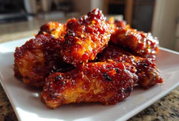 A close-up of a pile of sticky and crispy Honey Sriracha Chicken Wings glazed with a vibrant red sauce.