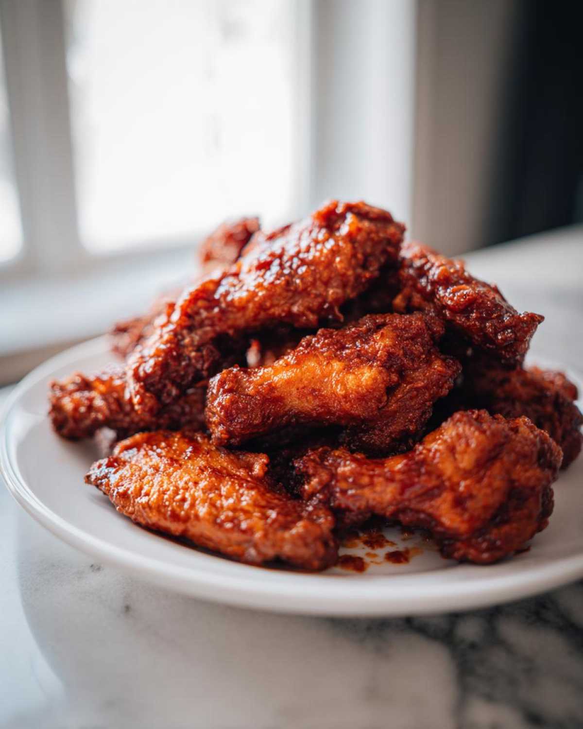 Close-up of crispy Honey Sriracha Chicken Wings piled high on a white plate, glistening with sauce.