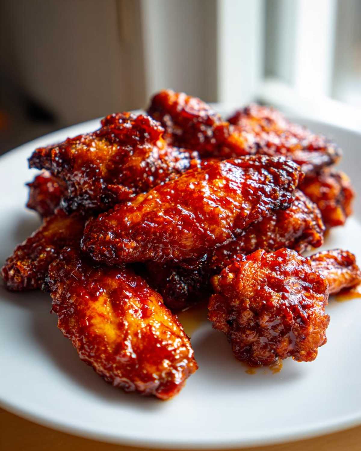 A pile of sticky and crispy Honey Sriracha Chicken Wings glistening with sauce on a white plate.