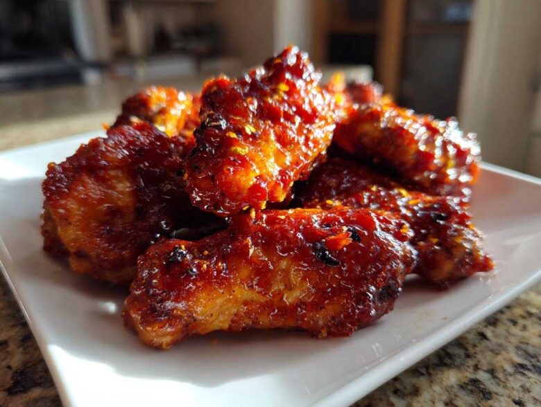 A close-up of a pile of sticky and crispy Honey Sriracha Chicken Wings glazed with a vibrant red sauce.