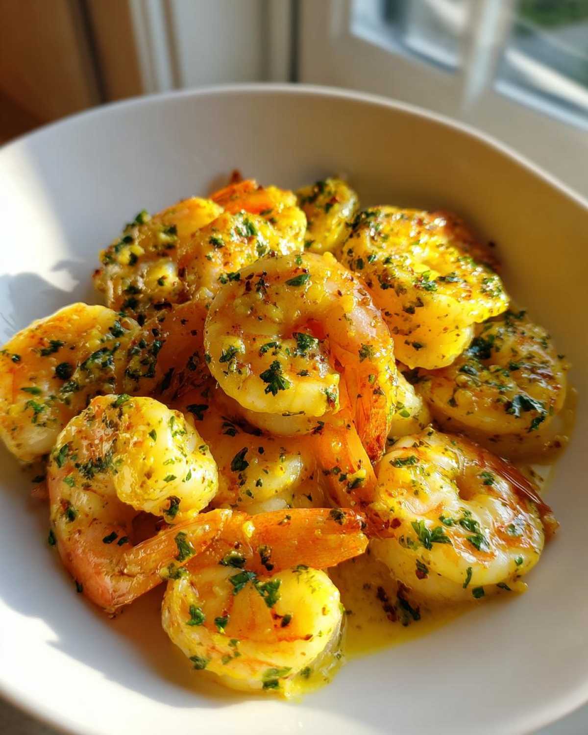 Plump shrimp coated in a rich, yellow lemon butter sauce and sprinkled with green parsley, showcasing the Lemon Butter Shrimp with Garlic Flavor.